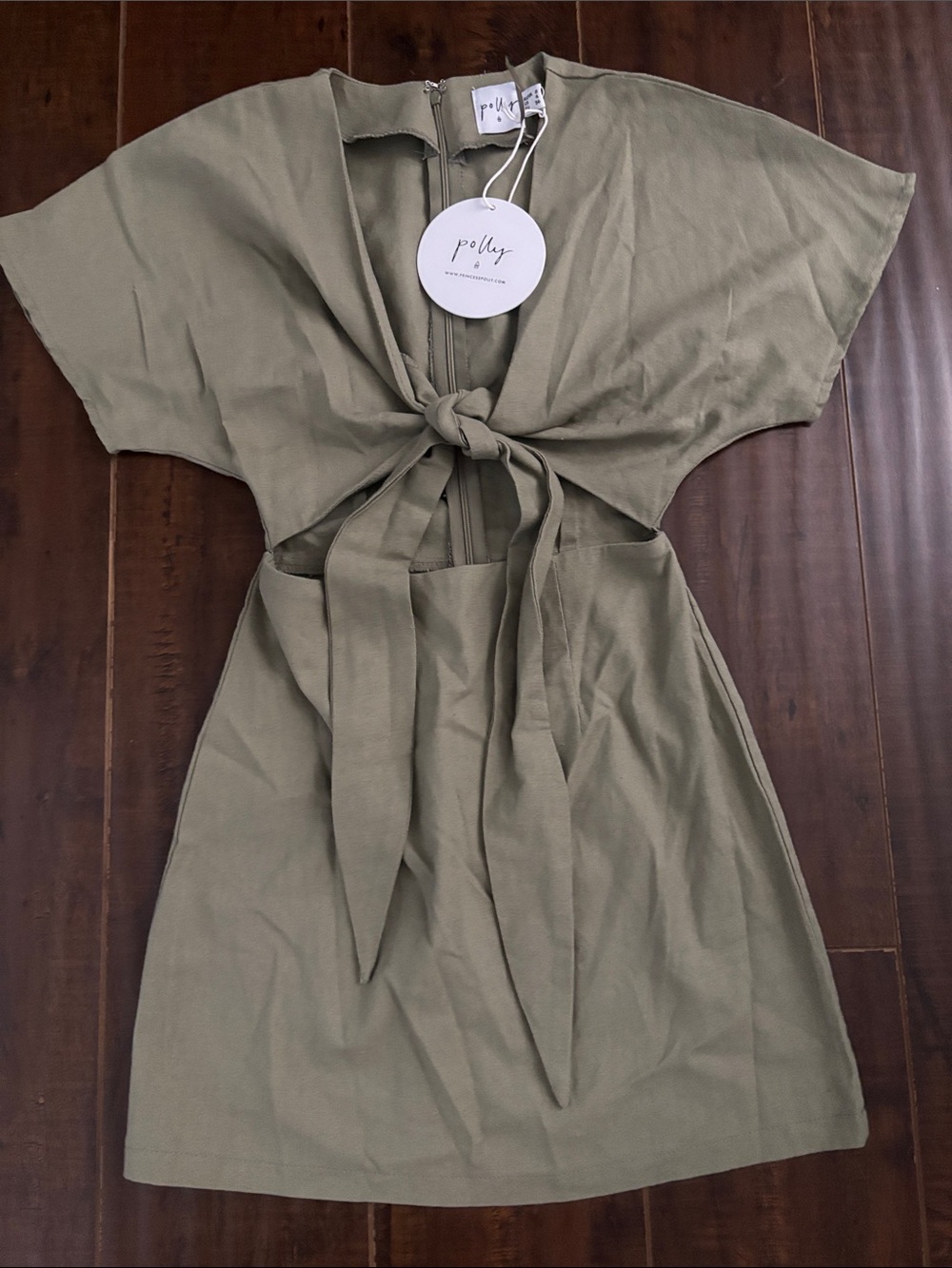 Princess Polly Kiss Land Front Tie Khaki Cutout Mini Dress | Size 4 | NWT